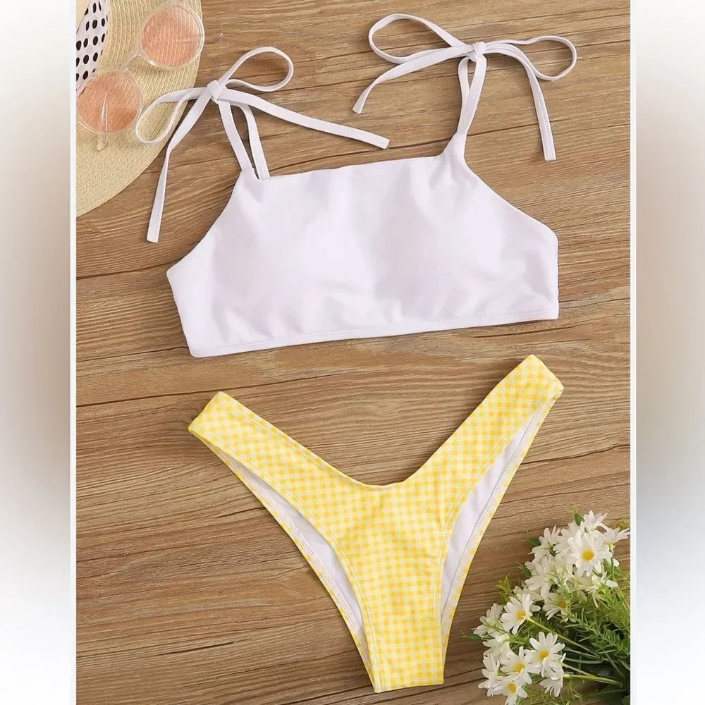 White & Yellow Gingham Bikini Med